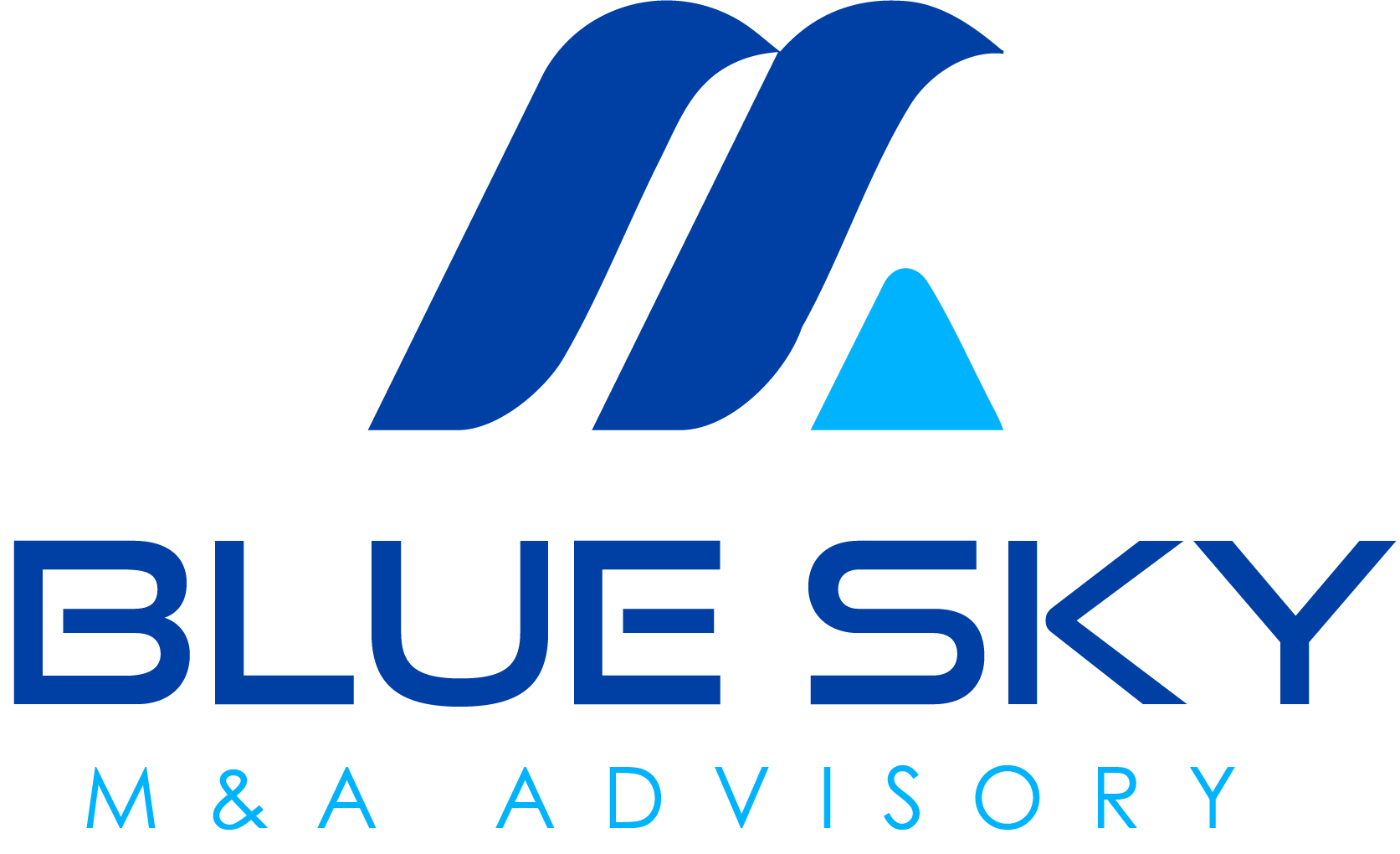 Blue Sky M&A Advisory full logo featuring stylized blue waves and a light blue triangle with bold uppercase typography.